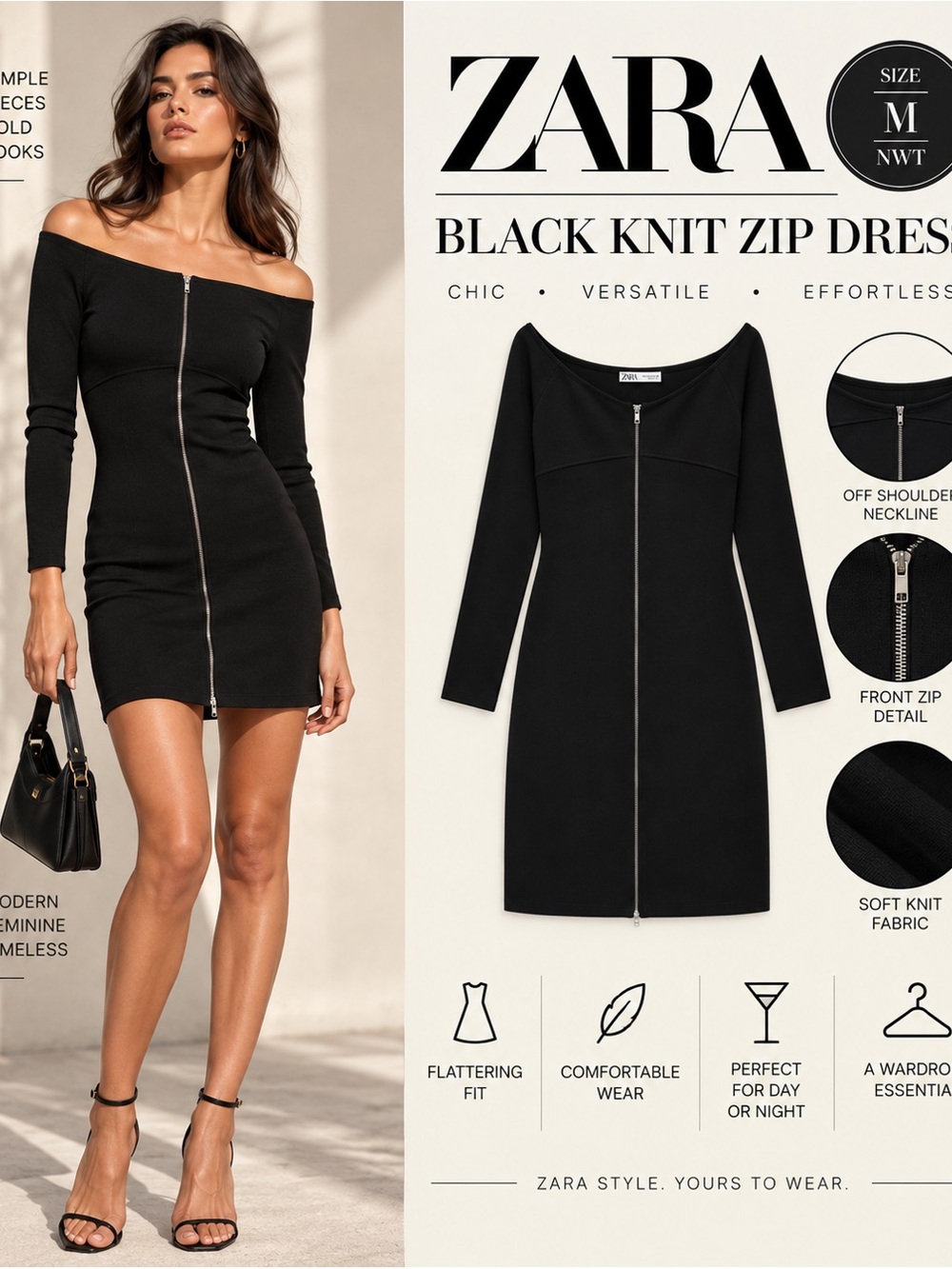 ZARA Black Knit Zip Front Mini Dress Off Shoulder Size M NWT